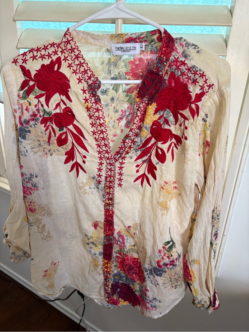 Johnny Was inspired Harley and Me Cream Floral V-Neck Blouse with Red Embroidery